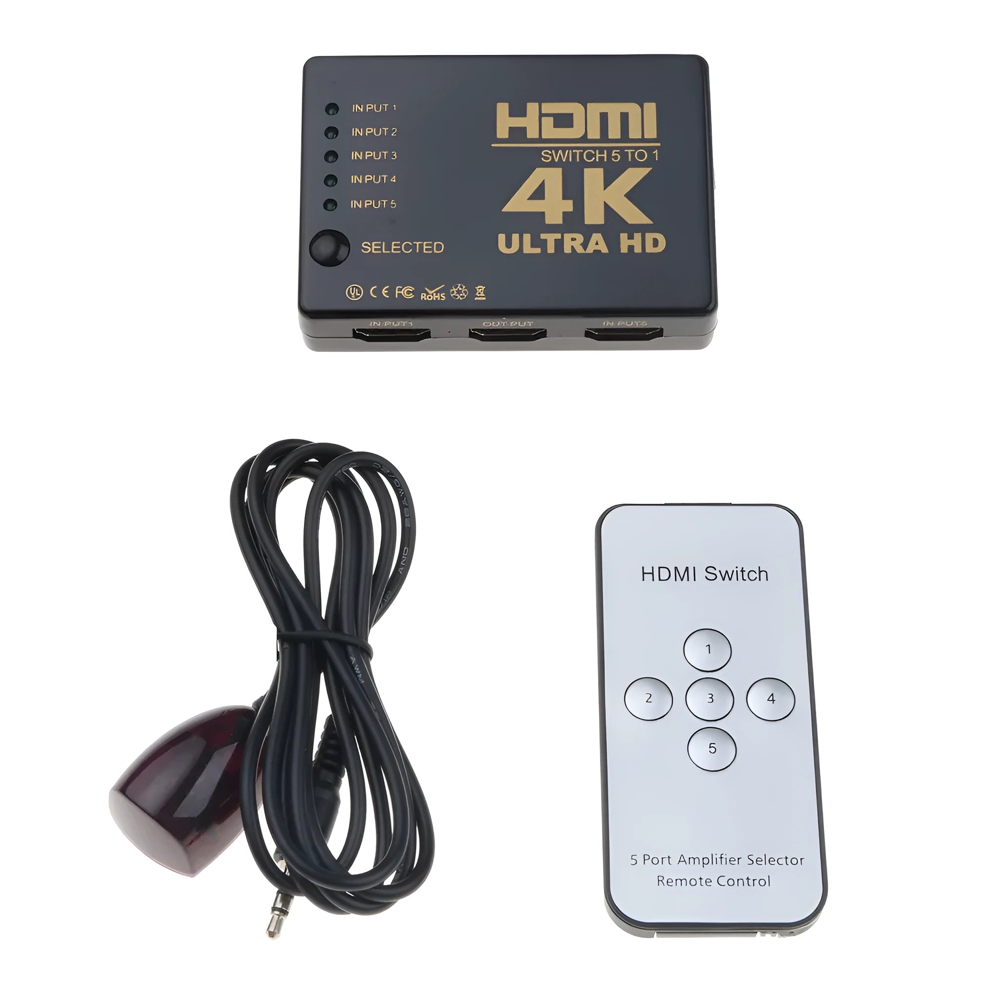Black 5-in-1 HDMI switcher with remote control suitable for HDTV and high-definition devices