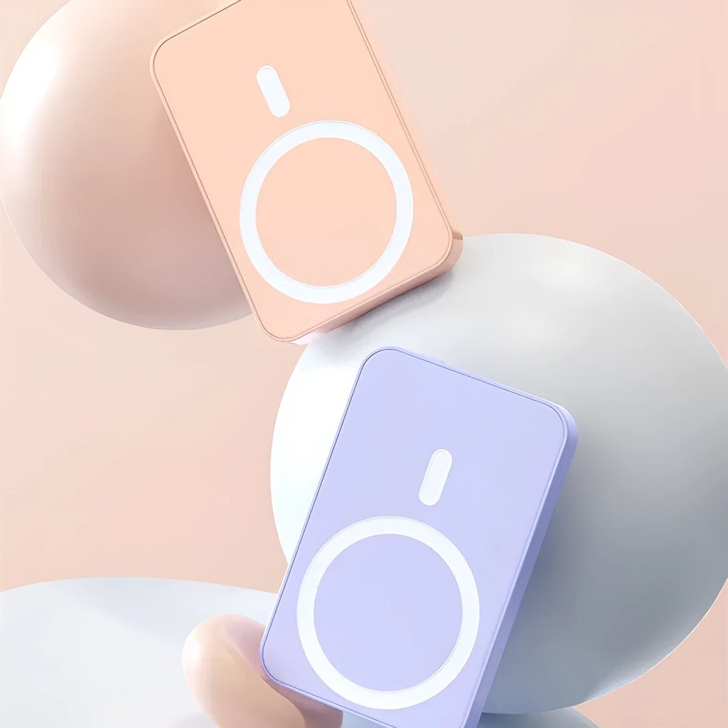Pink plastic magnetic wireless power bank showing dimensions 100x64x18mm with 20000mAh capacity