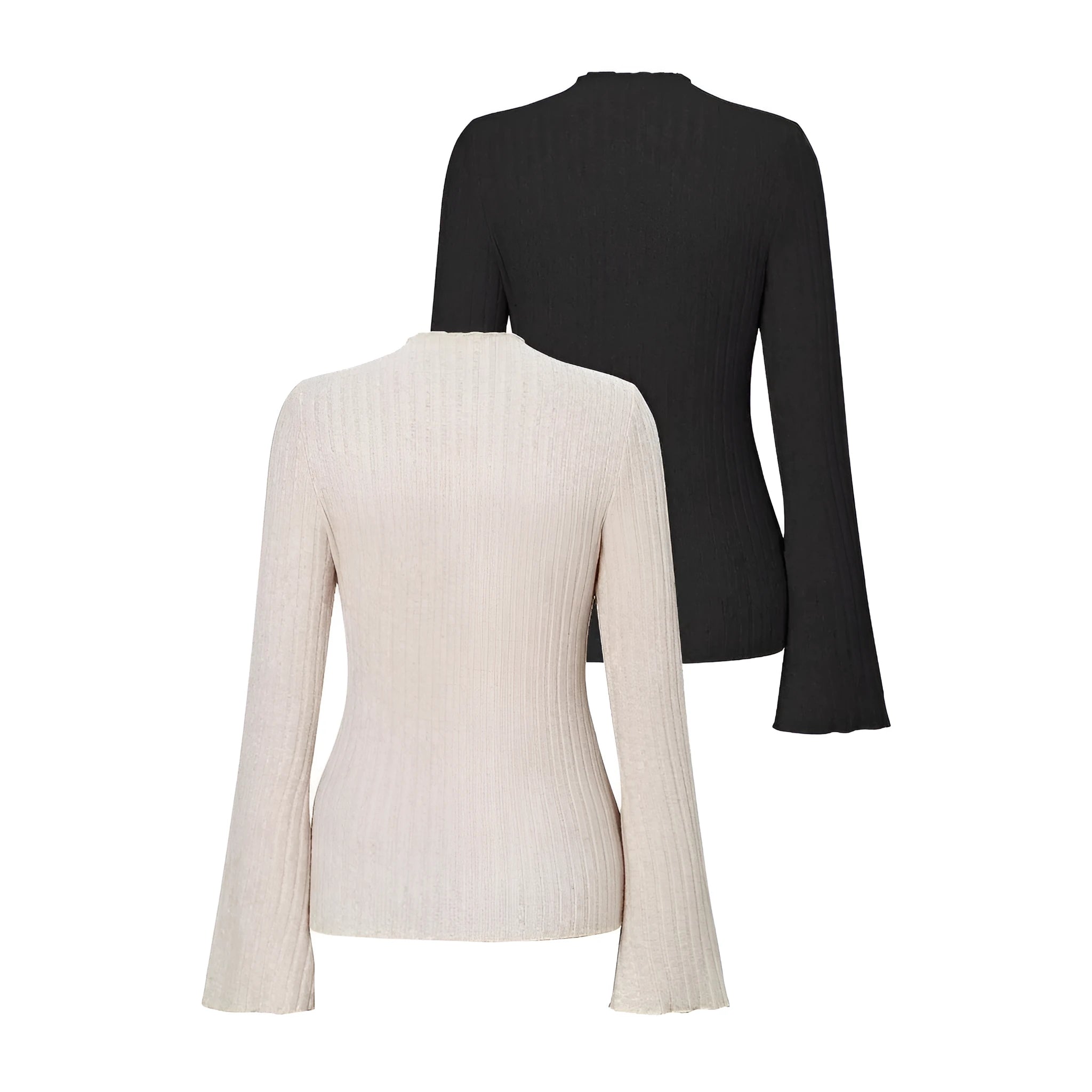 Long sleeve slim fit top with lantern sleeves in black brushed polyester fabric.
