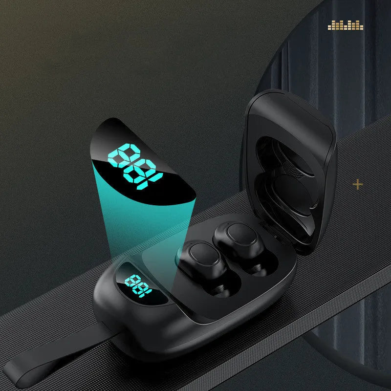 Black JS25 True Wireless Stereo Bluetooth headset with earbuds and charging case on a white background.