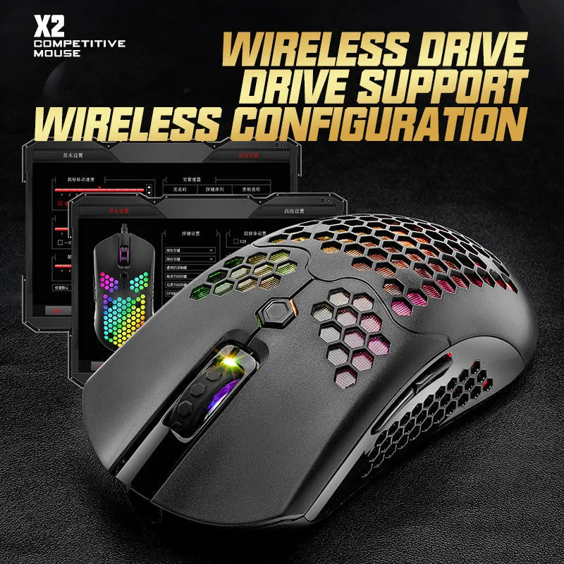 Free Wolf X2 wireless gaming mouse in black on a desk, showing RGB lighting, side buttons, and USB-C charging port.