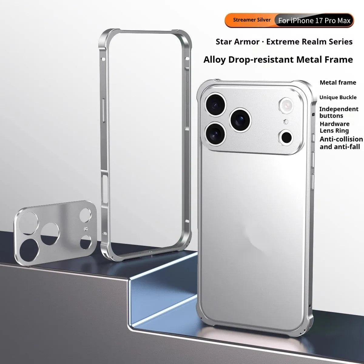 iPhone 17 mobile phone case with seahorse buckle and silver alloy metal frame on a black background.