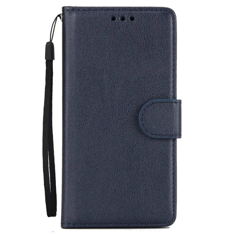 Flip wallet holder open to show card slots and phone compartment in brown imitation leather