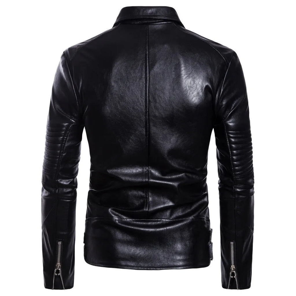 Men's black sheepskin leather jacket with suit collar and zip front, fitted style, sizes XXL to 5XL