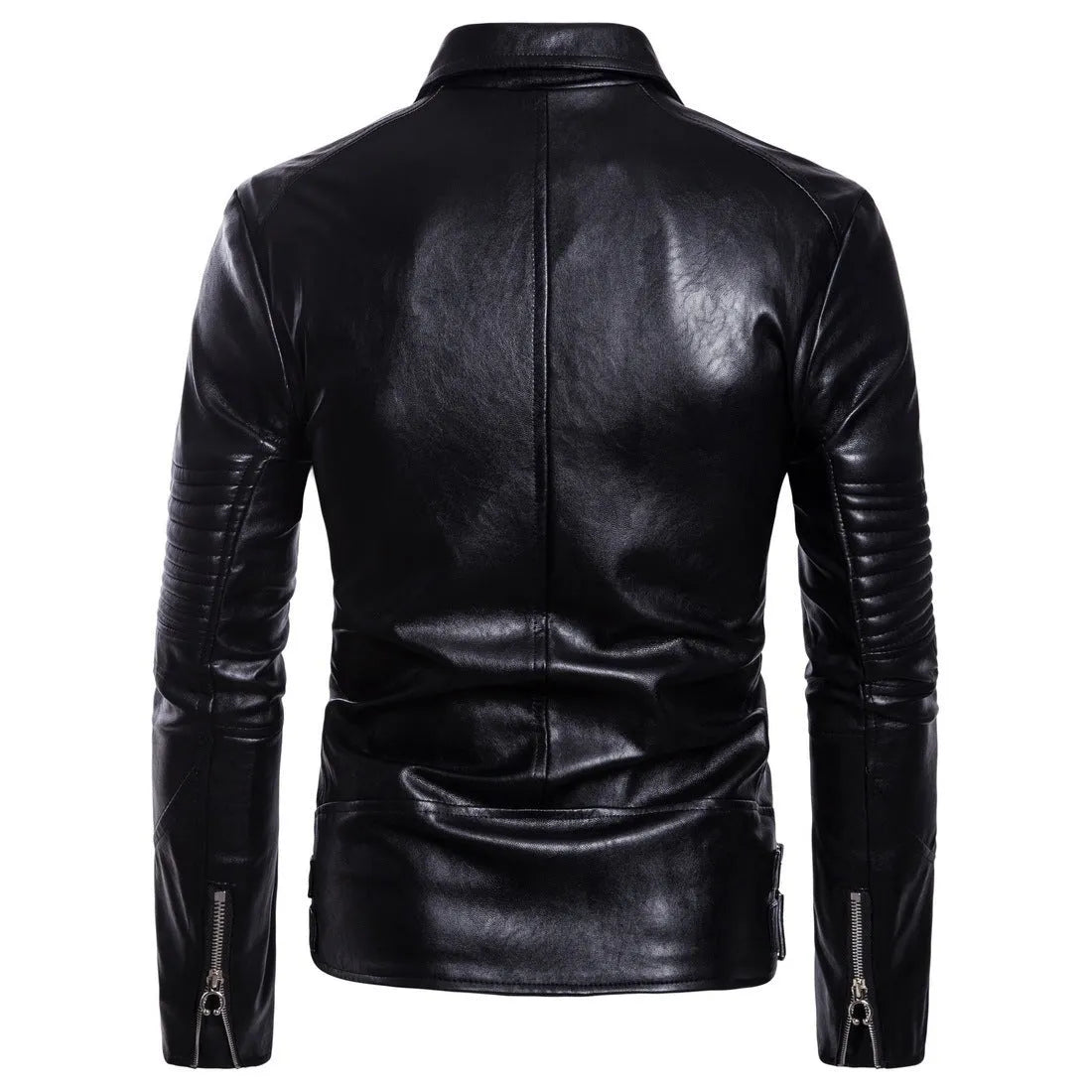 Men's black sheepskin leather jacket with suit collar and zip front, fitted style, sizes XXL to 5XL