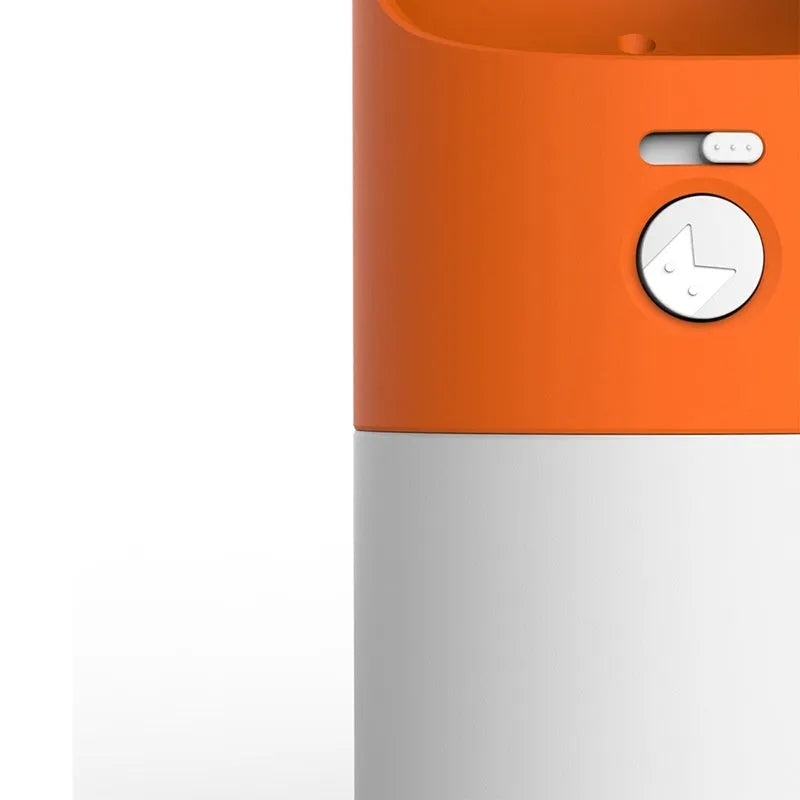 Moestar rocket-shaped pet drinking cup in white with grey or orange accents showing one-button lock mechanism