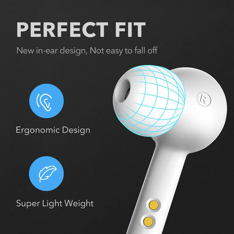 Black and white true wireless earbuds with charging case on a table, showing compact design.