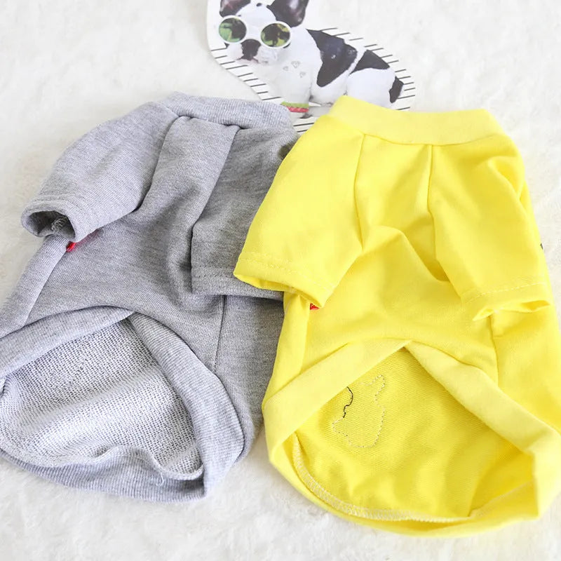 Grey and yellow cotton dog coat size XS for small dogs on white background