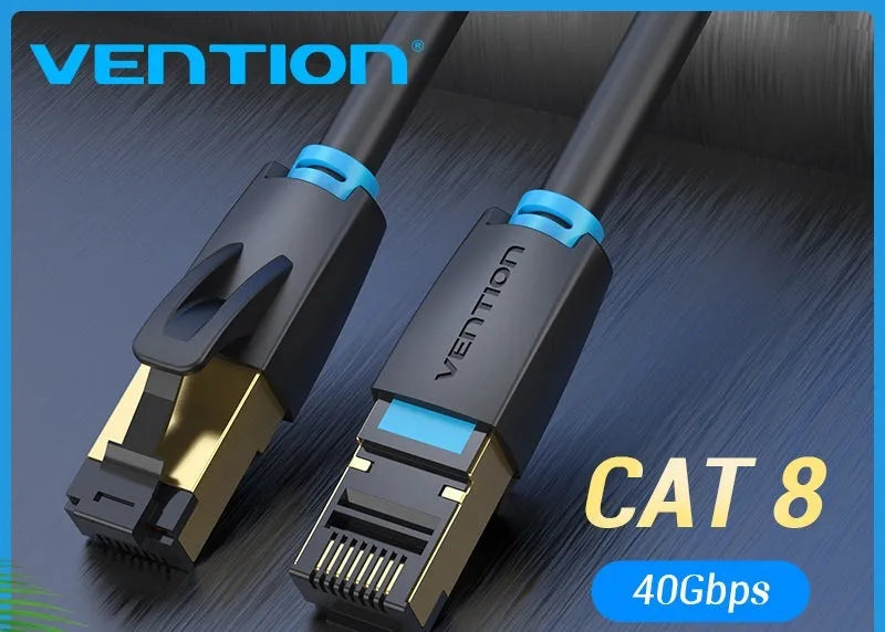 CAT8 Ethernet network patch cable with RJ45 connectors, shown in flat and round style options.