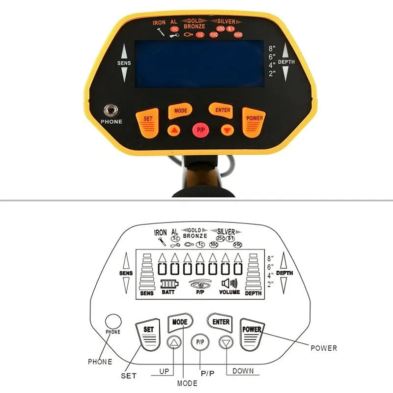 GC1028 black and yellow metal detector with LCD screen and adjustable shaft on grass.
