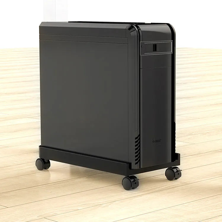 Orico black metal desktop computer CPU floor stand with wheels and three-sided baffle on a tiled floor