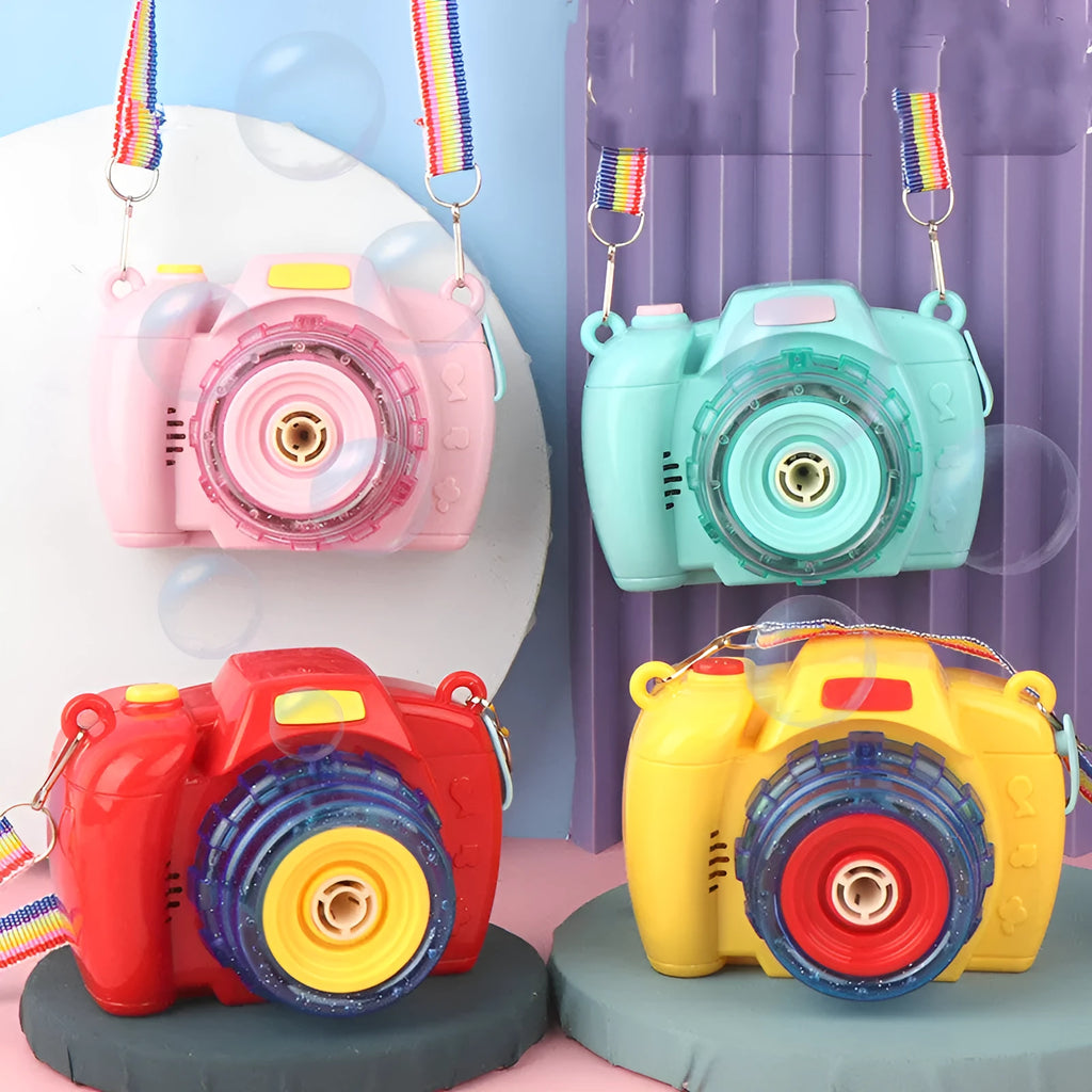 Yellow camera-shaped automatic bubble machine toy with flashing lights on green background