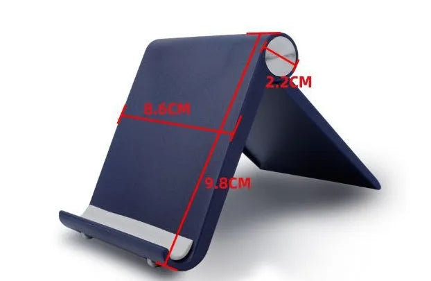 Folding plastic desktop stand holding a smartphone in black colour on a desk