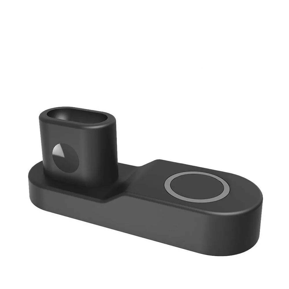Black W3 3-in-1 wireless charging station for Apple Watch, iPhone and AirPods on a wooden desk.