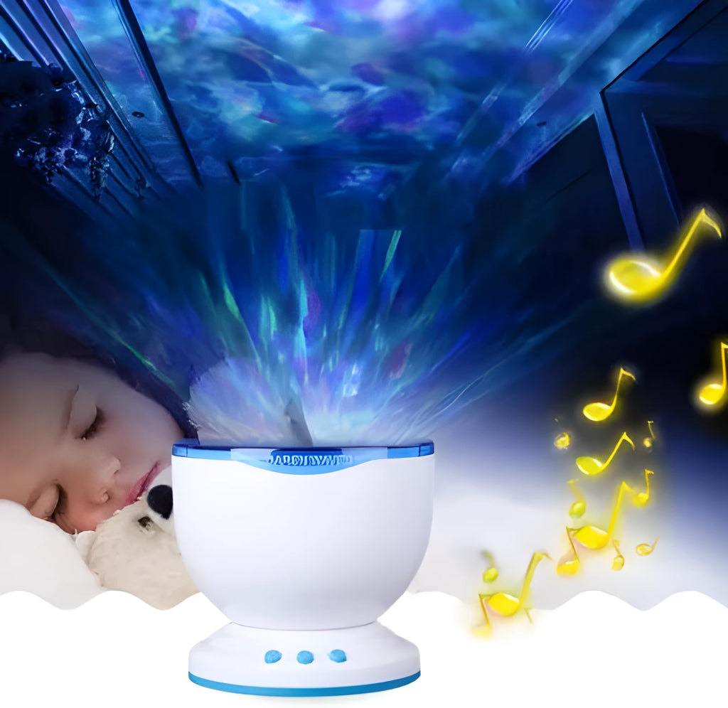 Blue ocean-themed LED projection lamp for children's rooms and play areas.