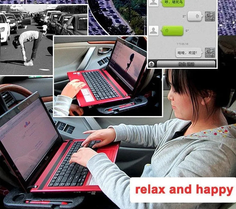 Multifunctional car desk in black ABS, 425 x 285 x 25mm, mounted on car steering wheel with adjustable angle.