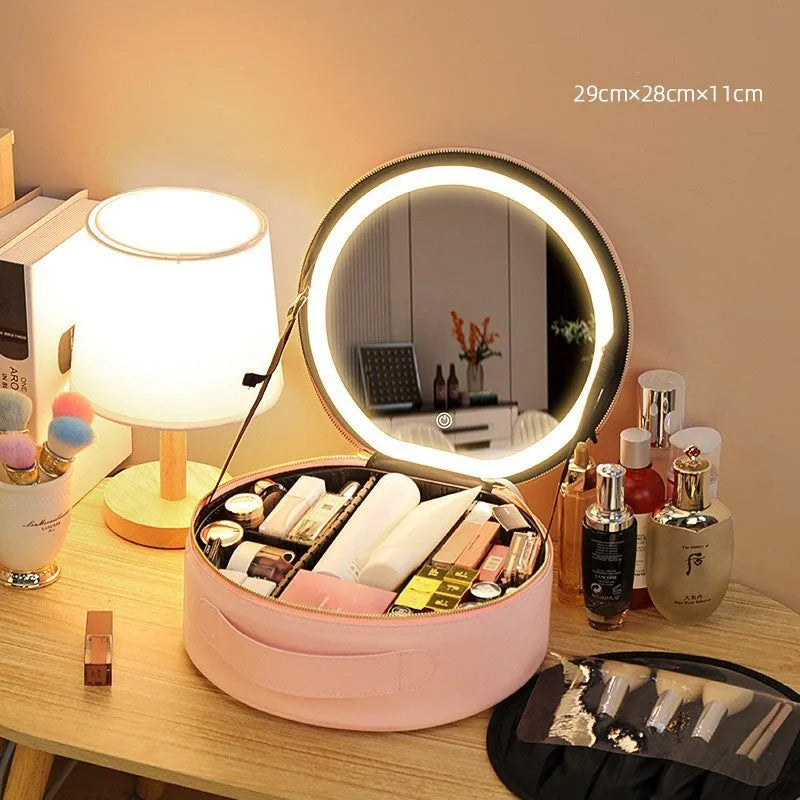 Round cherry blossom pink PU leather makeup bag with built-in LED mirror and internal partitions.