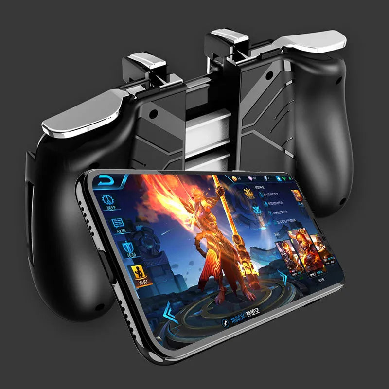 Telescopic mobile game controller clamped onto a smartphone, showing back buttons and audio port.