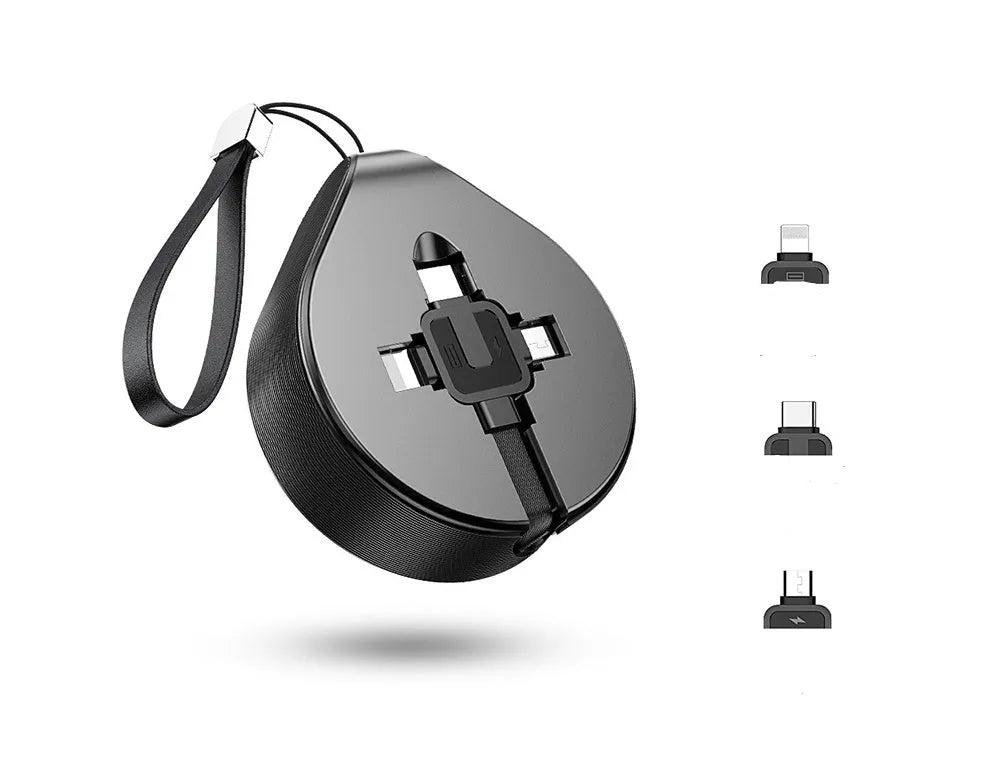 Black telescopic three-in-one fast charging data cable extended to 1 metre with split connector