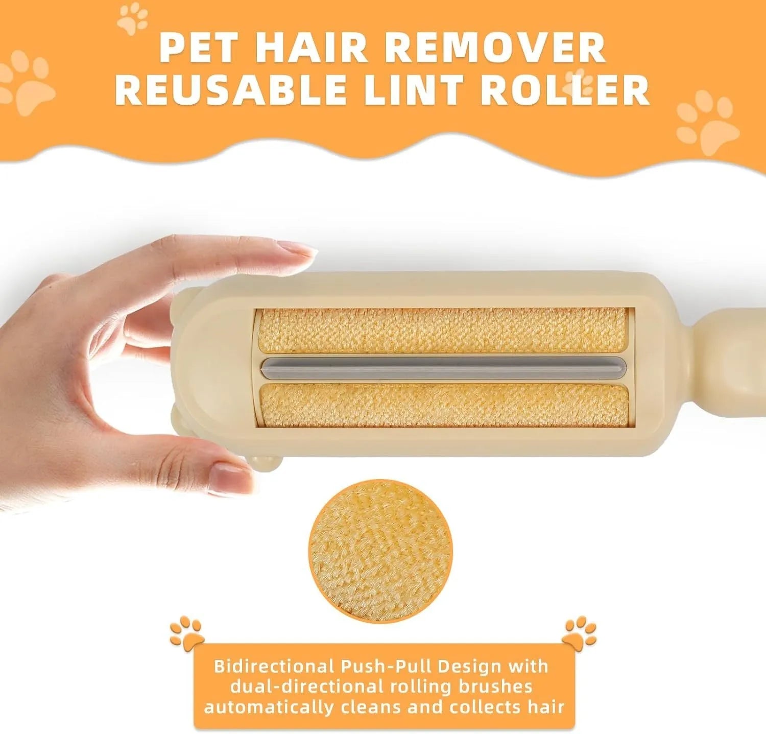 Blue pet hair remover tool with a self-cleaning base on a fabric sofa.