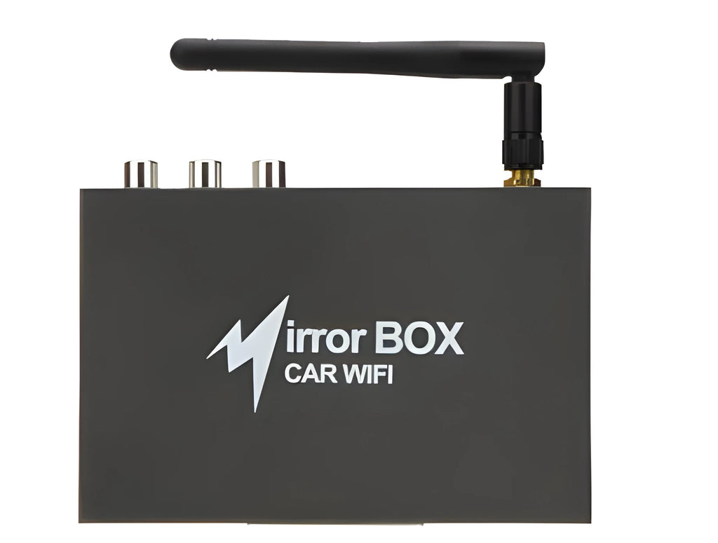 Black car mirror link box Wi-Fi converter with AV cable, power cable, and antenna for smartphone screen mirroring.