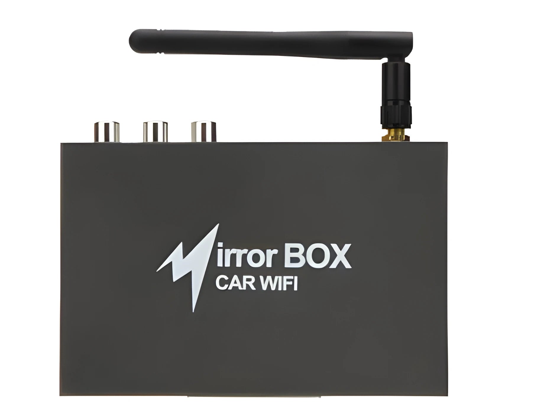 Black car mirror link box Wi-Fi converter with AV cable, power cable, and antenna for smartphone screen mirroring.