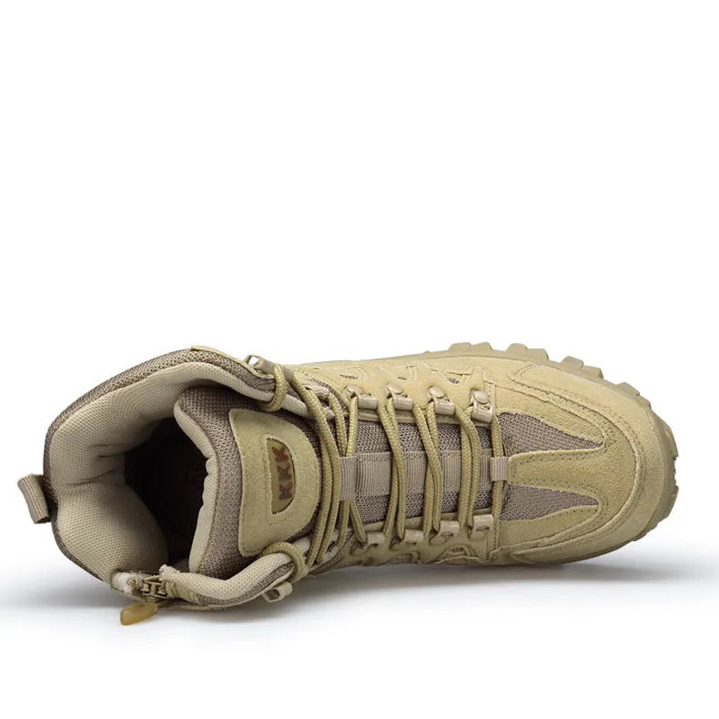 Men's black and sand US Army Delta Tactical Boots with a rubber sole on a rocky outdoor path.