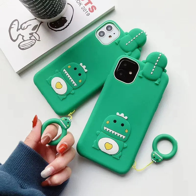 Green silicone iPhone case with cartoon animal design showing back and side protection