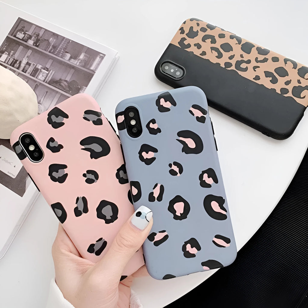 Leopard print iPhone case showing animal pattern design on black background