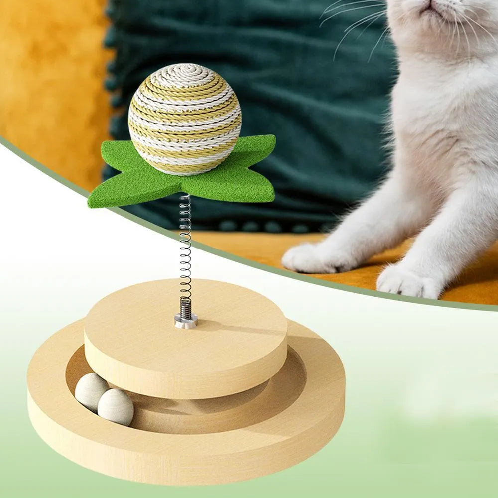 Green sisal cat scratching pad with ball track toy featuring rotating turntable design