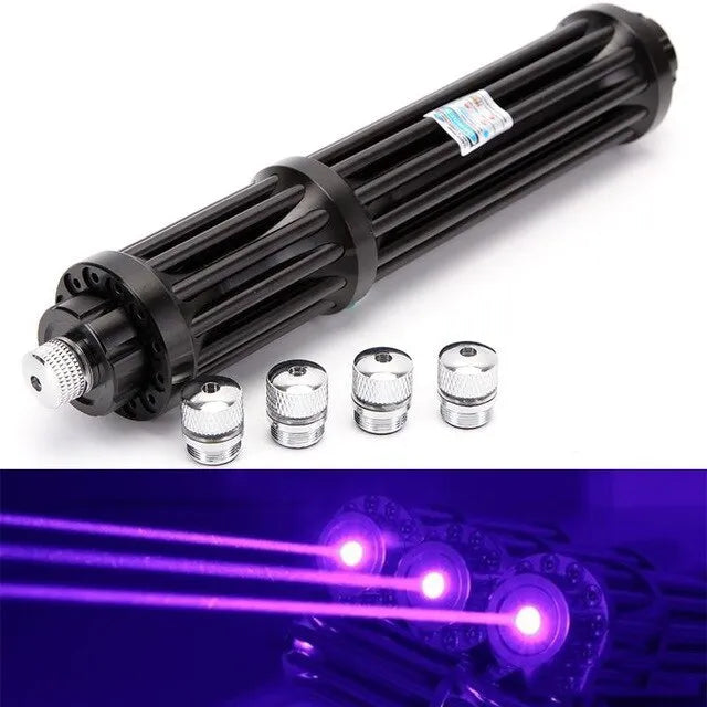 Black anodised aluminium self-defence laser flashlight with blue light beam, showing extended 168mm length