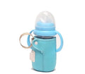 USB heated baby bottle warmer sleeve in blue, wrapped around a milk bottle showing its cotton and PC construction.