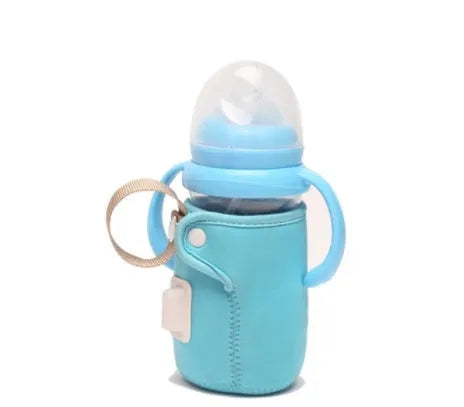 USB heated baby bottle warmer sleeve in blue, wrapped around a milk bottle showing its cotton and PC construction.