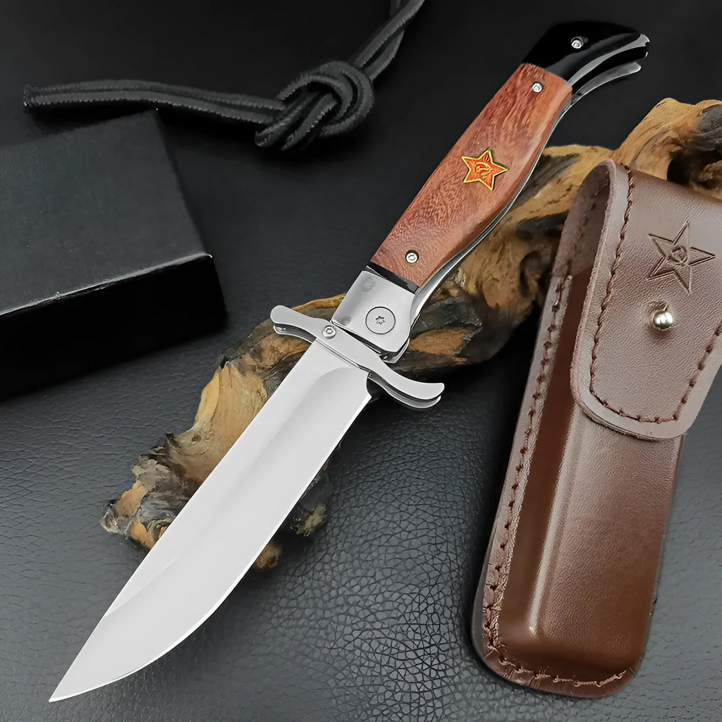 Multi-function folding camping knife with 440C blade, sandal wood handle, and cowhide sheath, 25.2cm total length