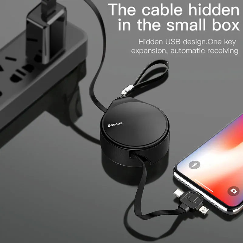 Black telescopic three-in-one fast charging data cable extended to 1 metre with split connector