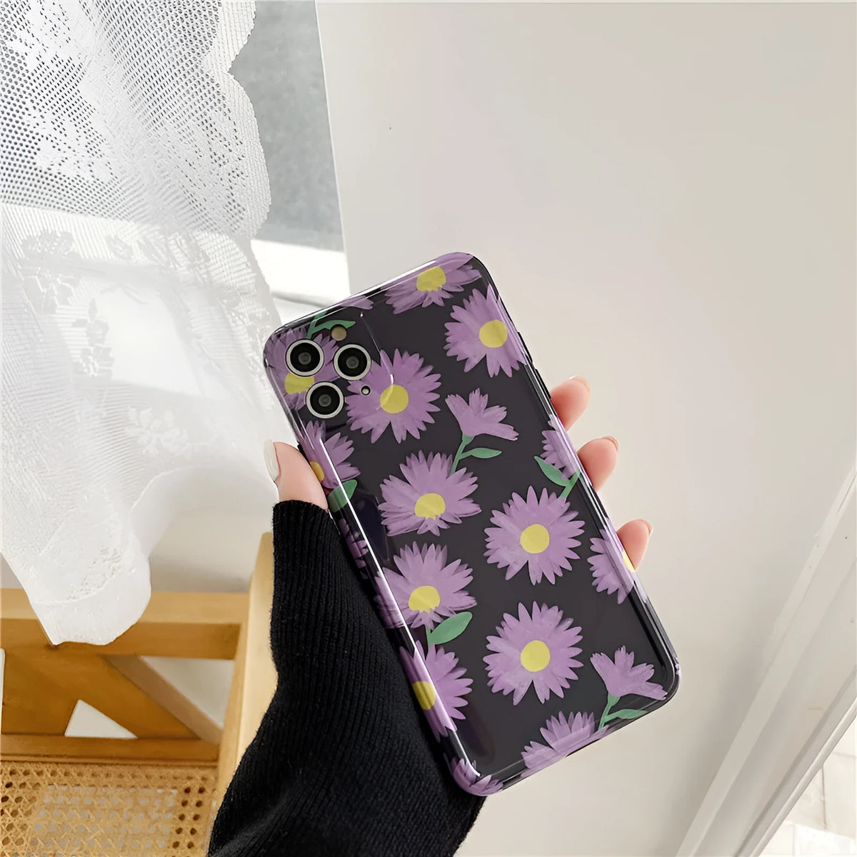 Purple daisy mobile phone case with soft gel texture for iPhone 11 and other Apple models