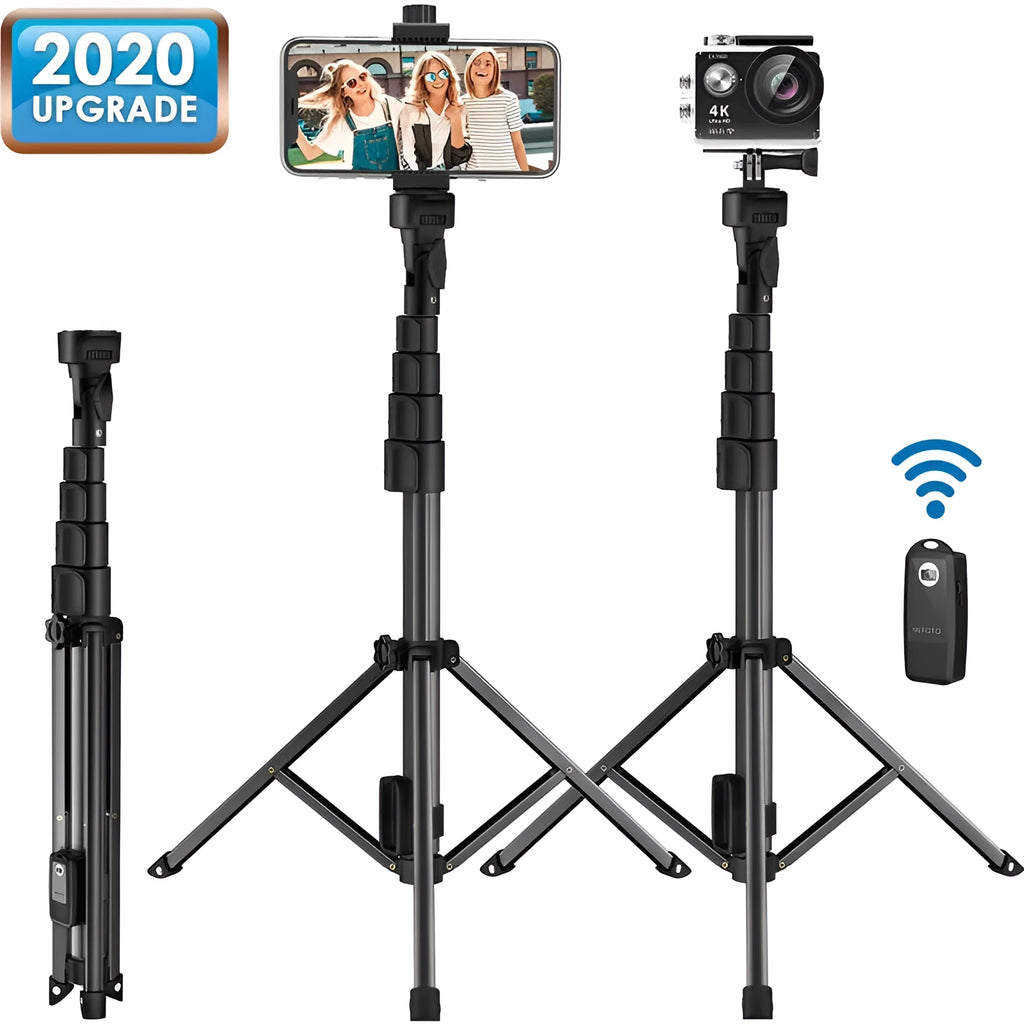 Black aluminium alloy selfie stick tripod with 5 sections collapsed to 45cm height with smartphone clamp