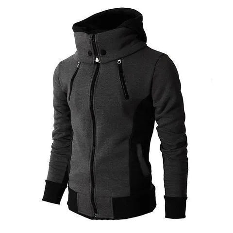 Men's high-necked hooded jacket in Darkgrey, front view with zip and hood visible