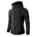 Men's high-necked hooded jacket in Darkgrey, front view with zip and hood visible