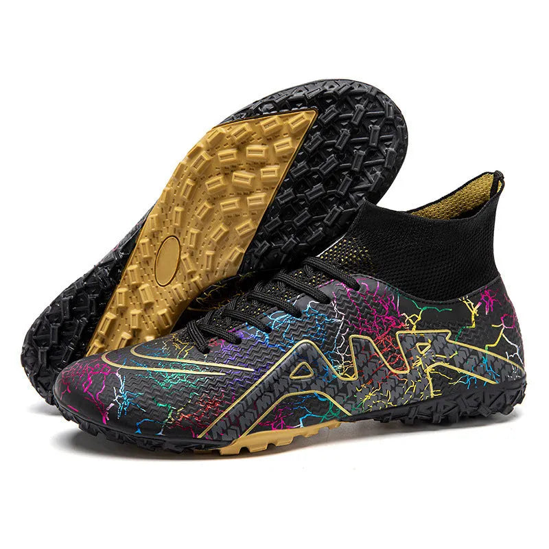 High-top soccer spike shoes with non-slip rubber outsole in black gold colour option