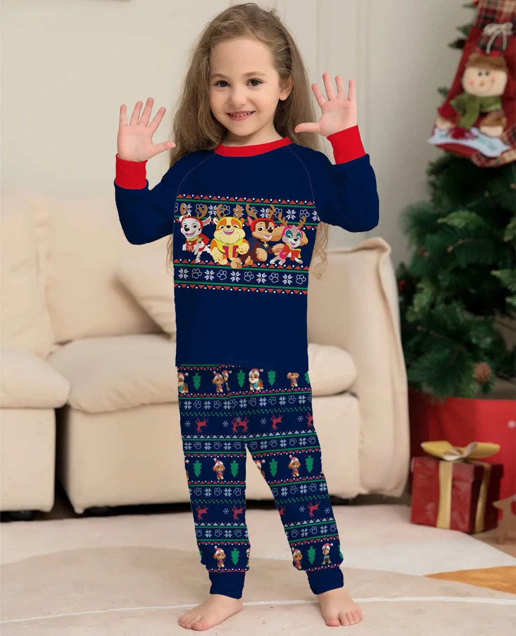 Matching family Christmas pyjamas set with plaid and deer print for adults, children, baby, and dog