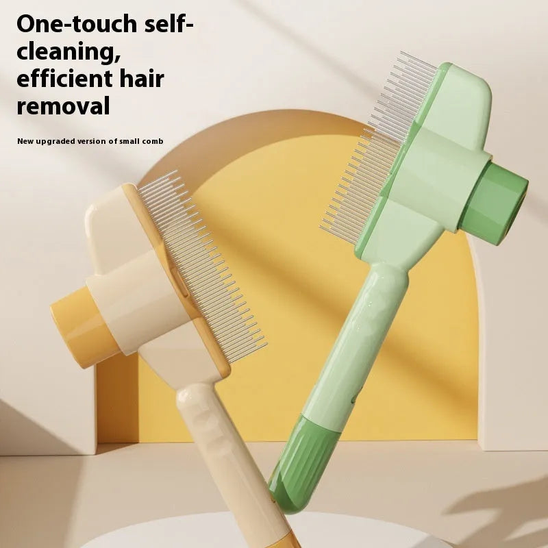 Yellow self-cleaning pet comb with release button and stainless steel teeth for dog and cat grooming
