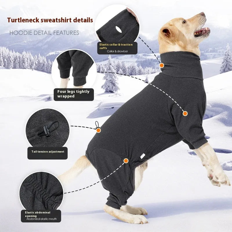 Dark grey polar fleece dog clothes with four-legged design and high collar