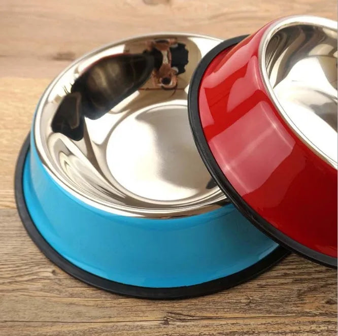 Stainless steel pet bowl inside colourful melamine pot with non-slip rubber base