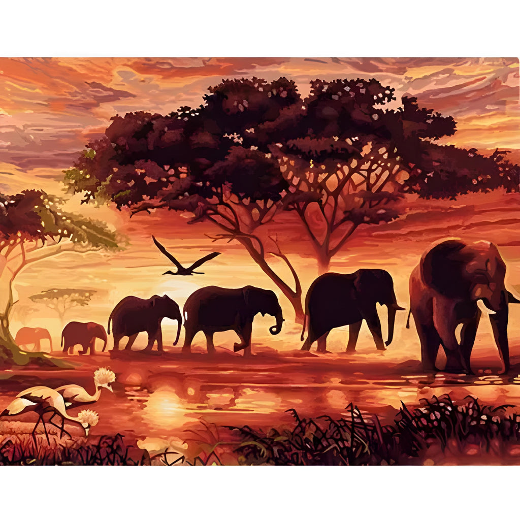 DIY diamond painting kit with sunset elephants design using square or round resin diamonds for wall art