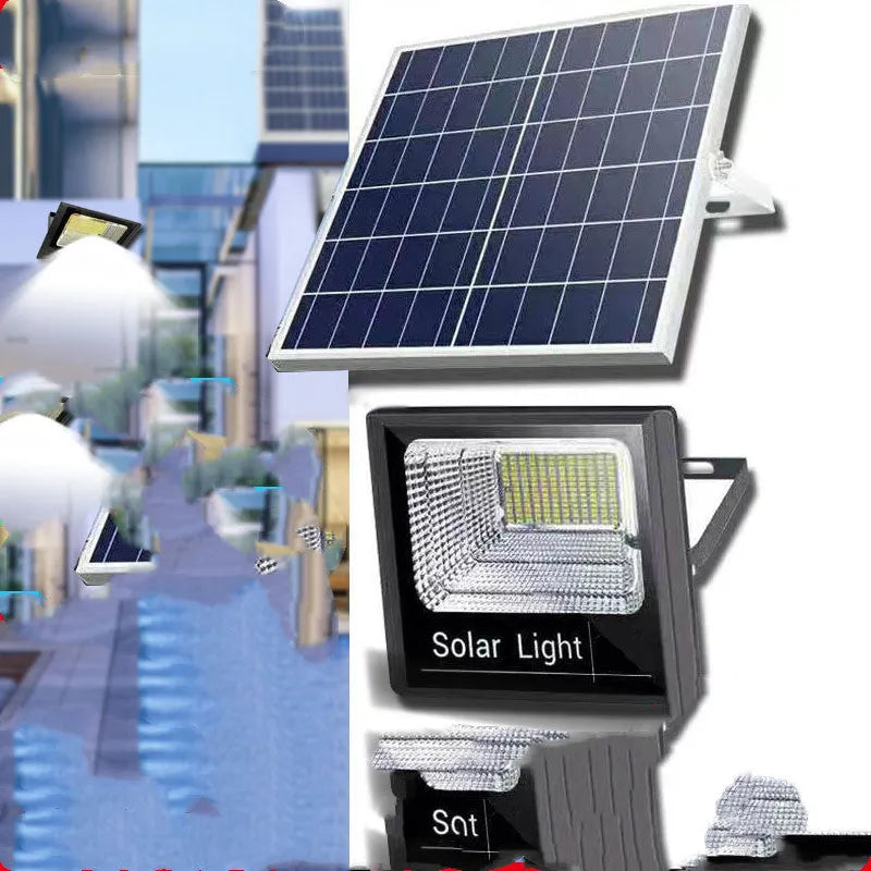 Black Cornucopia solar-powered LED flood light mounted on an outdoor wall with remote control.