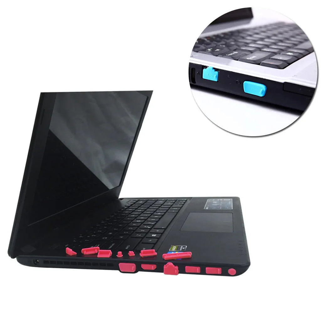 13-piece silicone dust plug set for laptop ports in multiple colours including transparent and black