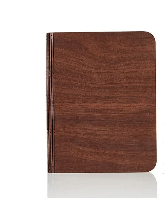 Solid wood book light in three sizes with USB cable, showing white and warm white light options.