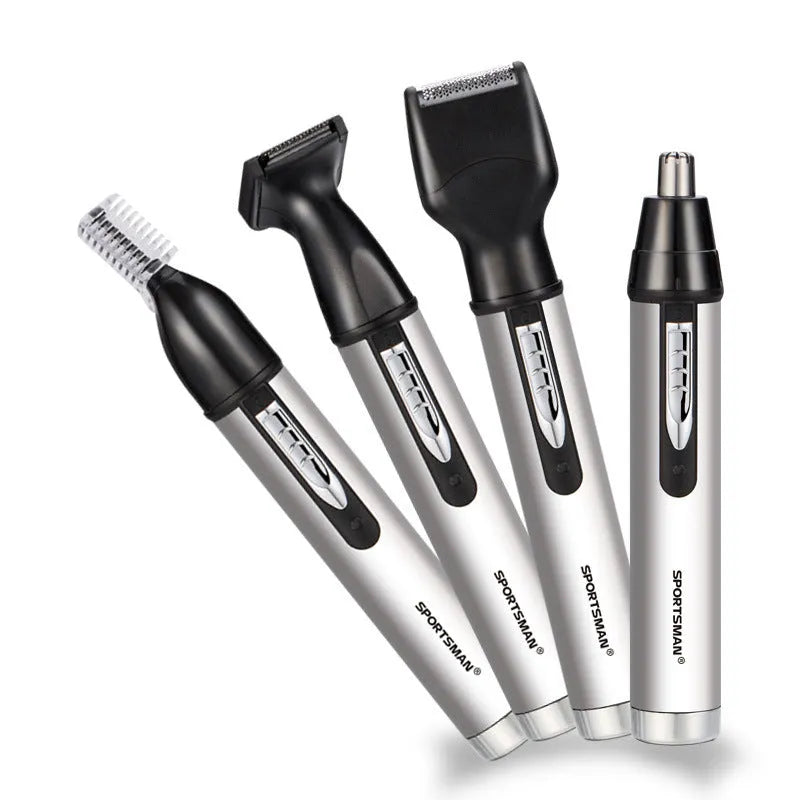 White male electric nose hair trimmer set with multiple grooming heads and USB charging cable