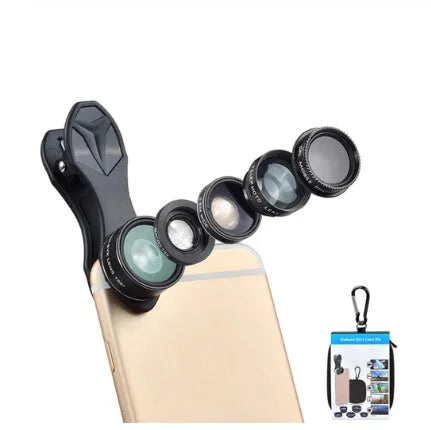 Universal 5-in-1 clip-on smartphone lens kit with wide-angle, macro, fisheye, telephoto, and CPL lenses.